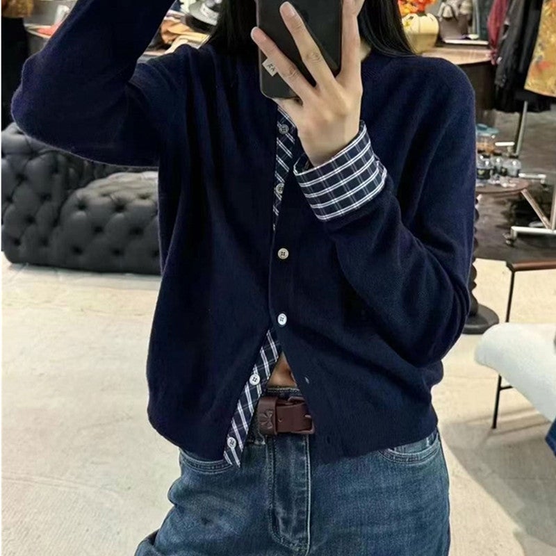 Contrast Color Stitching Fake Two-Piece Design Sense Long-Sleeved Knitted Cardigan Autumn And Autumn New Round Neck Sweater Coat Top Outer Wear - Image 3