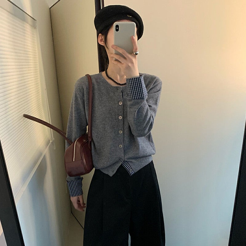 Contrast Color Stitching Fake Two-Piece Design Sense Long-Sleeved Knitted Cardigan Autumn And Autumn New Round Neck Sweater Coat Top Outer Wear - Image 1