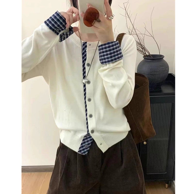 Contrast Color Stitching Fake Two-Piece Design Sense Long-Sleeved Knitted Cardigan Autumn And Autumn New Round Neck Sweater Coat Top Outer Wear - Image 2