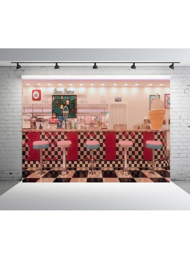 BELECO 7x5ft Fabric Vintage 50s Diner Backdrop for Photography 1950s American Diner Fast Food Soda Shop Restaurant Ice Cream Bar Stools Background 50s Diner Party Decor Photo Booth Studio Props - Image 1