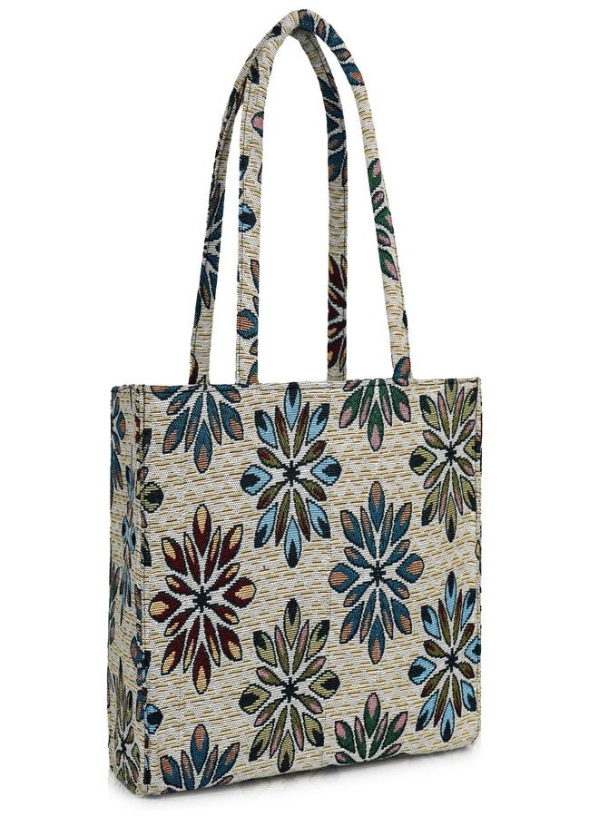 creeper Floral Tapestry Tote Bag for Women, Multi-Pocket Large Capacity Shoulder Handbag with Carry Handles, Fabric Daily Use Bag (Beige with Blue & Brown Flowers) - Image 1