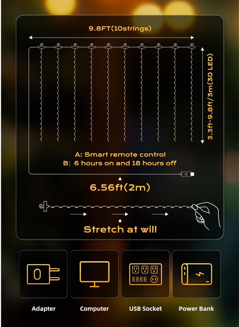 سولاكان 3M*2Mسلسلة أضواء ستارة من مينيتوم مزودة بجهاز تحكم عن بُعد، 200 لمبة LED تعمل عبر USB، 8 أوضاع إضاءة، لون أبيض دافئ، مثالية لغرف النوم والحفلات والزفاف والديكور المنزلي - Image 5
