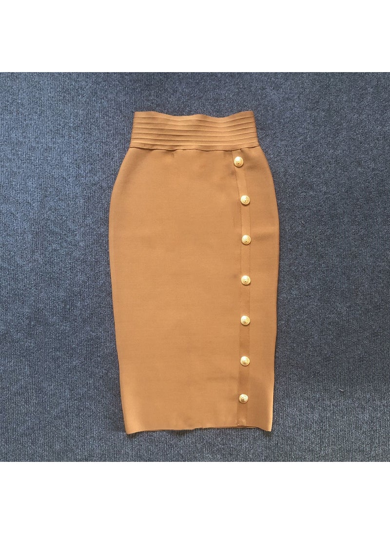 Generic - 2022 Autumn New High-Waisted Slimming Single-Row Button Design Mid-Length Dress Tummy Control Shapewear Underneath Light brown - Image 1