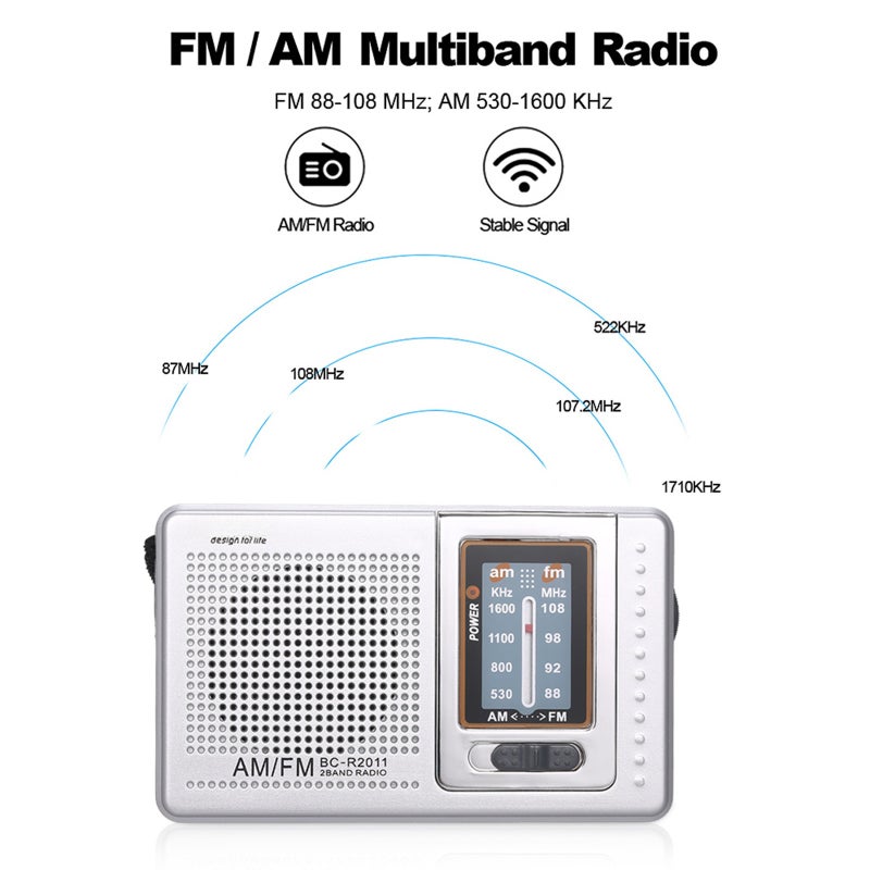 مكبر صوت محمول جيب: تصميم ضيق فضي بحزام عرضي - مستقبل راديو ثنائي النطاق AM FM مع زر تبديل واحد، ومكبر صوت مدمج، وهيكل استقبال قابل للتعديل، ومقبس سماعات سماعة بحجم 3.5 مم للاستخدام في السفر الخارجي والاستخدام اليومي - Image 4