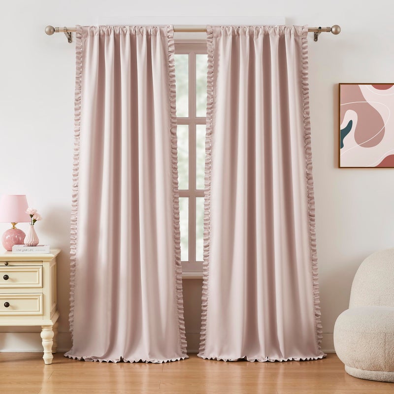 Jubilantex Ruffle Pink 80% Blackout Curtains 95 Inch 2 Panels Fabric Farmhouse Curtain Soft Light Filtering Flowy Drapes for Living Room Rod Pocket Light Filtering Window Curtains 40Wx95L - Image 1