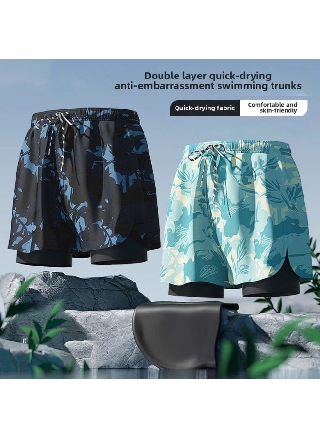 Generic - Swimming Trunks Men's Quick-drying Plus Size Anti-embarrassment Professional Double-layer Beach Pants Full Set Of Hot Spring Swimsuit Equipment Full Set-Colour:Black + Swimming Cap- - Image 1