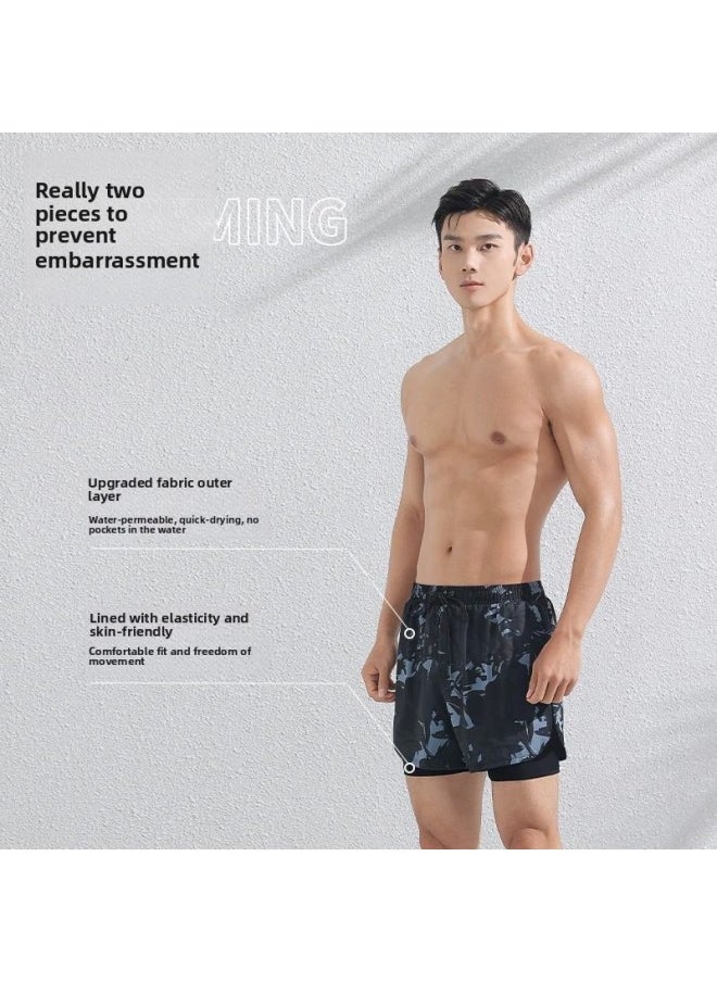 Generic - Swimming Trunks Men's Quick-drying Plus Size Anti-embarrassment Professional Double-layer Beach Pants Full Set Of Hot Spring Swimsuit Equipment Full Set-Colour:Black + Swimming Cap- - Image 1