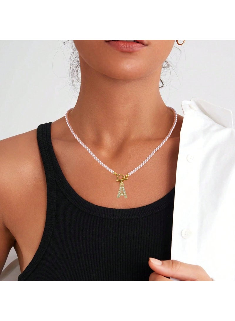 Huitich Pearl Beaded Necklace with Gold Color Alphabet Charm  - Image 2