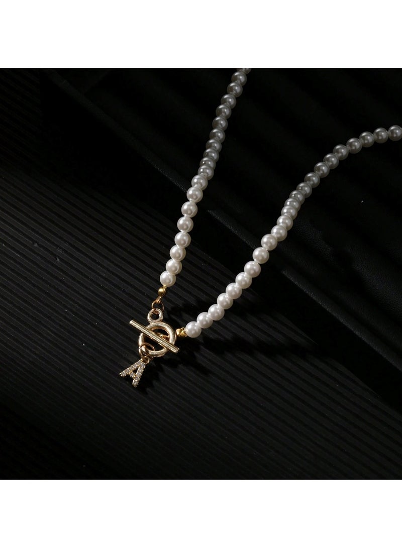 Huitich Pearl Beaded Necklace with Gold Color Alphabet Charm  - Image 4