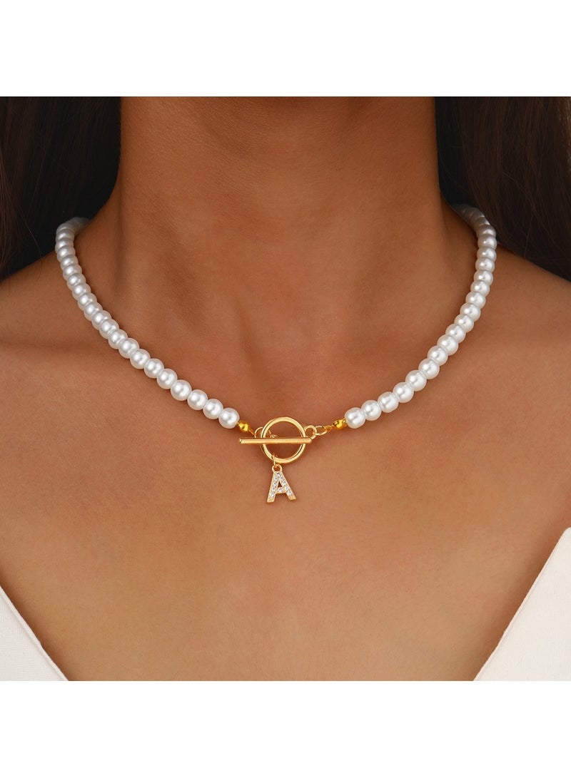 Huitich Pearl Beaded Necklace with Gold Color Alphabet Charm  - Image 1