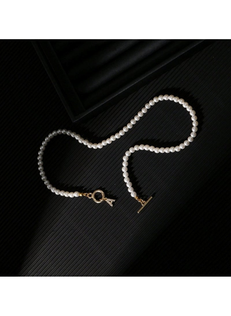 Huitich Pearl Beaded Necklace with Gold Color Alphabet Charm  - Image 3