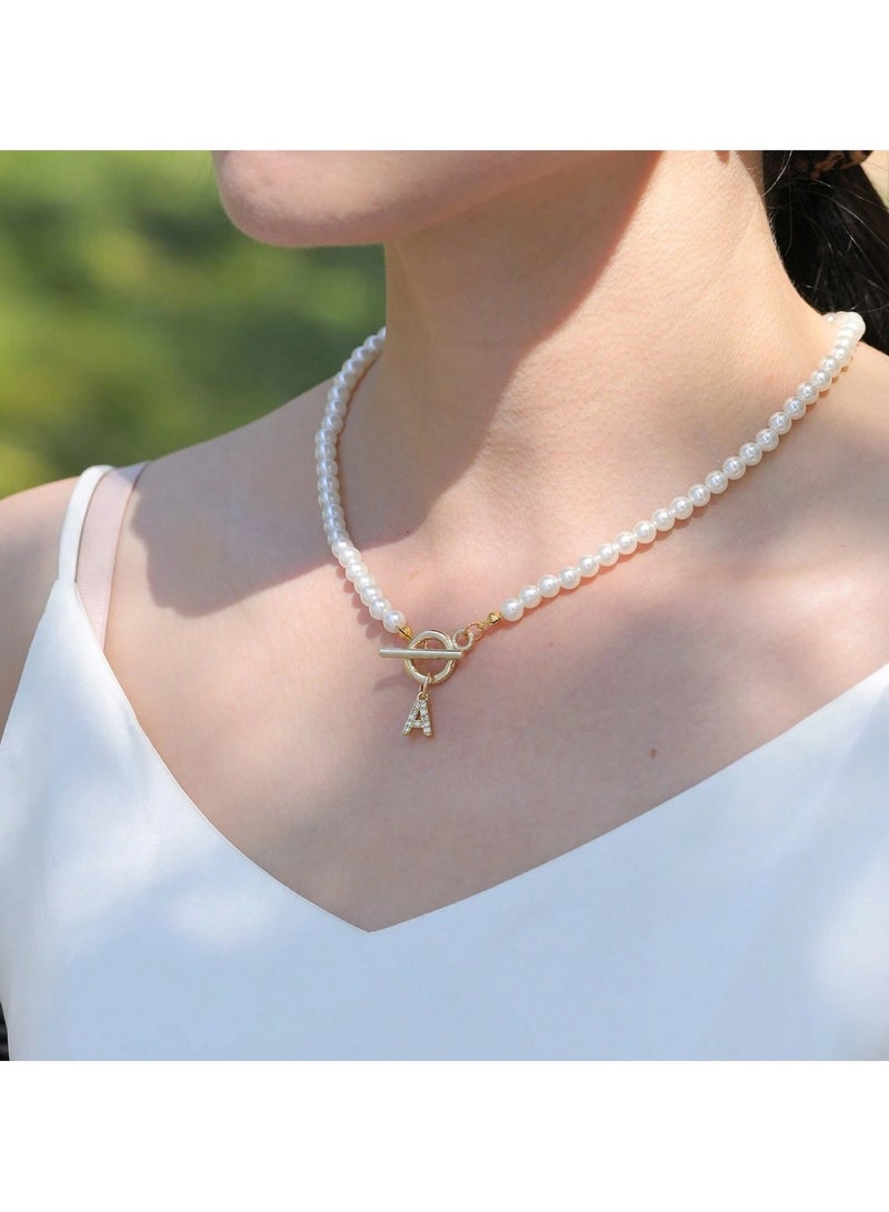 Huitich Pearl Beaded Necklace with Gold Color Alphabet Charm  - Image 5