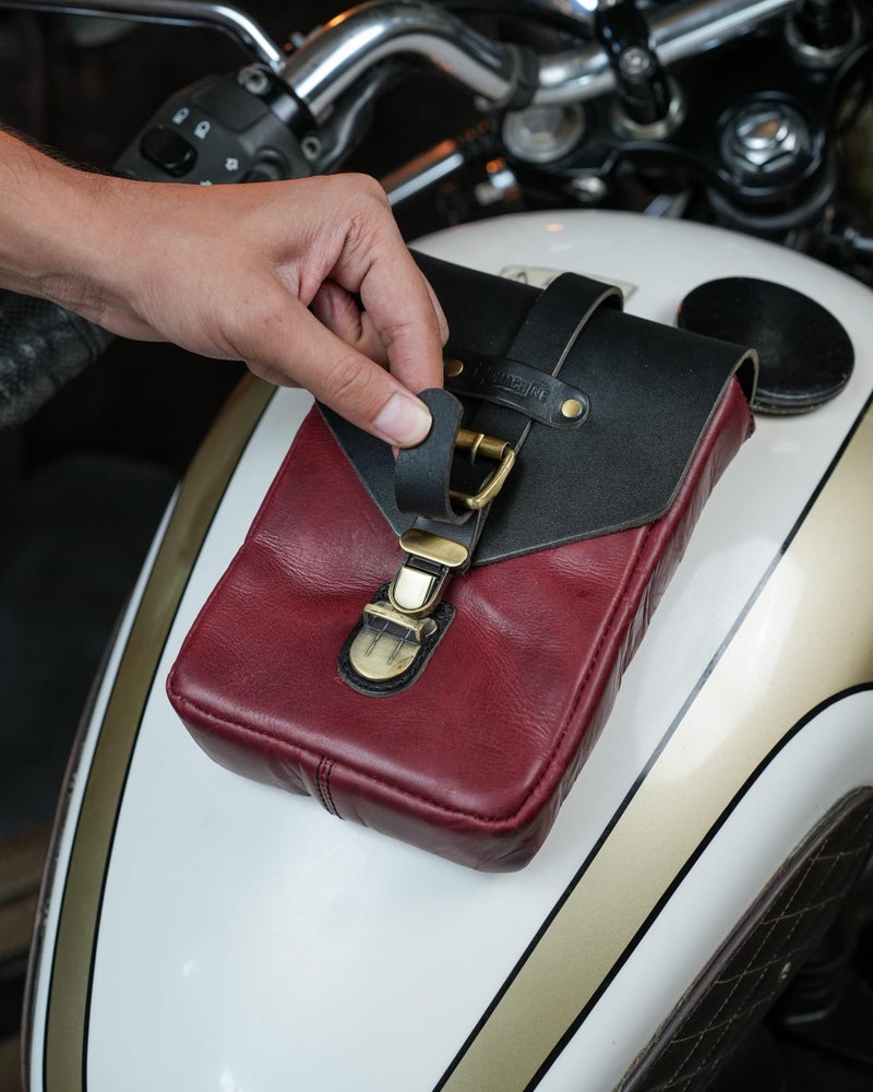 Trip Machine Company Genuine Leather Motorcycle Magnetic Fuel Tank Pouch|Carry All Your Riding Essentials | Universal Fit for All Bikes | Handmade Vintage Design Cherry Red - Image 3