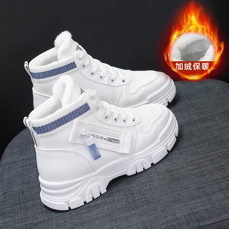 Fleece-Lined Cotton Shoes Womens 2023 Winter High-Top Boots Fashionable Warm Flats 3521 Prineland