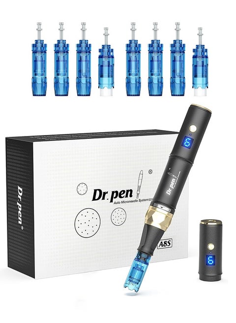 Dr.Pen A8S, Professional Micro Needling Pen with 8 Pcs 18Pin 36Pin 42Pin Nano-R Replacement Needle Cartridges Dermapen, Wireless or Wired Mode 2 Mudules Derma Pen, 6 Speed Levels and 0-2.5 mm Depth Adjustable