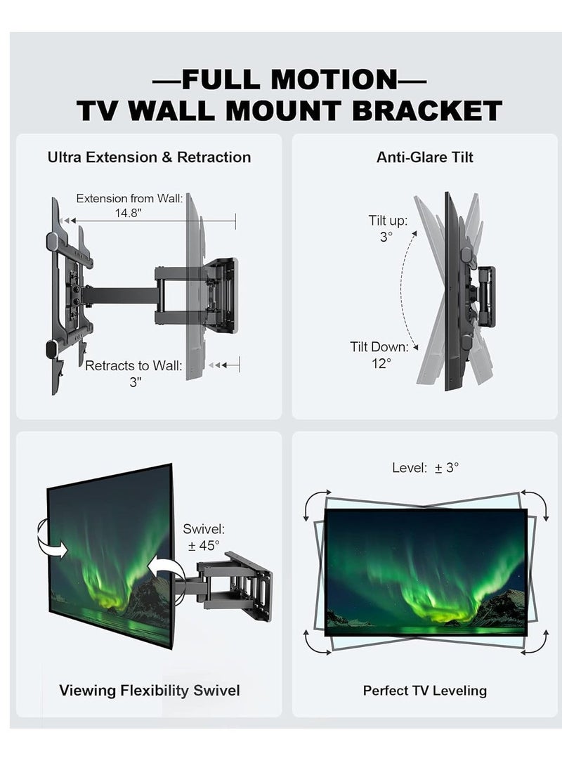 ELTRAZONE Full Motion TV Wall Mount, Articulating Swivel Extension Arm, Fits 37-75" TVs Up to 132lbs, Max VESA 600x400mm, Heavy Duty TV Mount for Home & Office – EBLF7 - Image 2