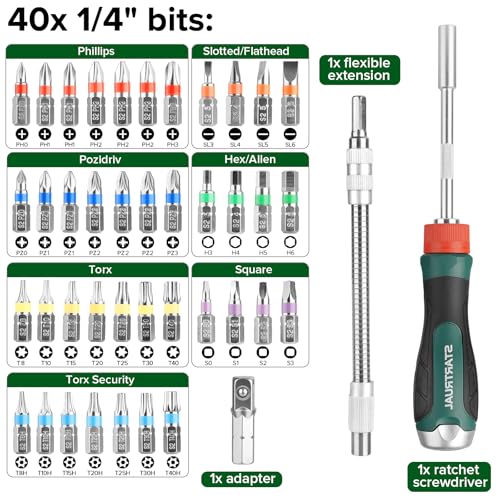 STARTRUAL 43-Piece Ratcheting Flexible Screwdriver Set, Premium S2 Bits, Flexible extension and Adapter with Storage Case for DIY, Home Repair, Computer, Bicycle for Tight Spaces - Image 3