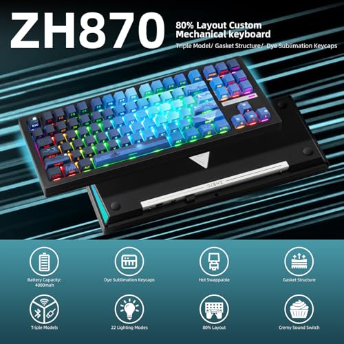 ZORNHER ZH870 Wireless Mechanical Gaming Keyboard,80% Blue Custom Creamy Sound Keyboard with Lighted Up Dye Sublimation PBT Keycaps,Pre-lubed Linear Switches,Hot-Swappable,RGB Backlit - Image 2