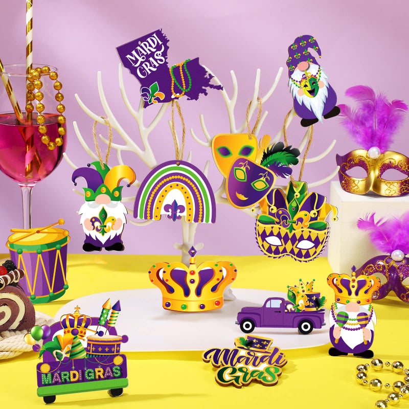 Glenmal 36 Pcs Mardi Gras Wooden Hanging Ornaments Purple Green Yellow Wooden Crown Mask Ornaments Rustic Hanging Gnome Ornaments for Mardi Gras Decoration Farmhouse Craft Party Supplies - Image 3