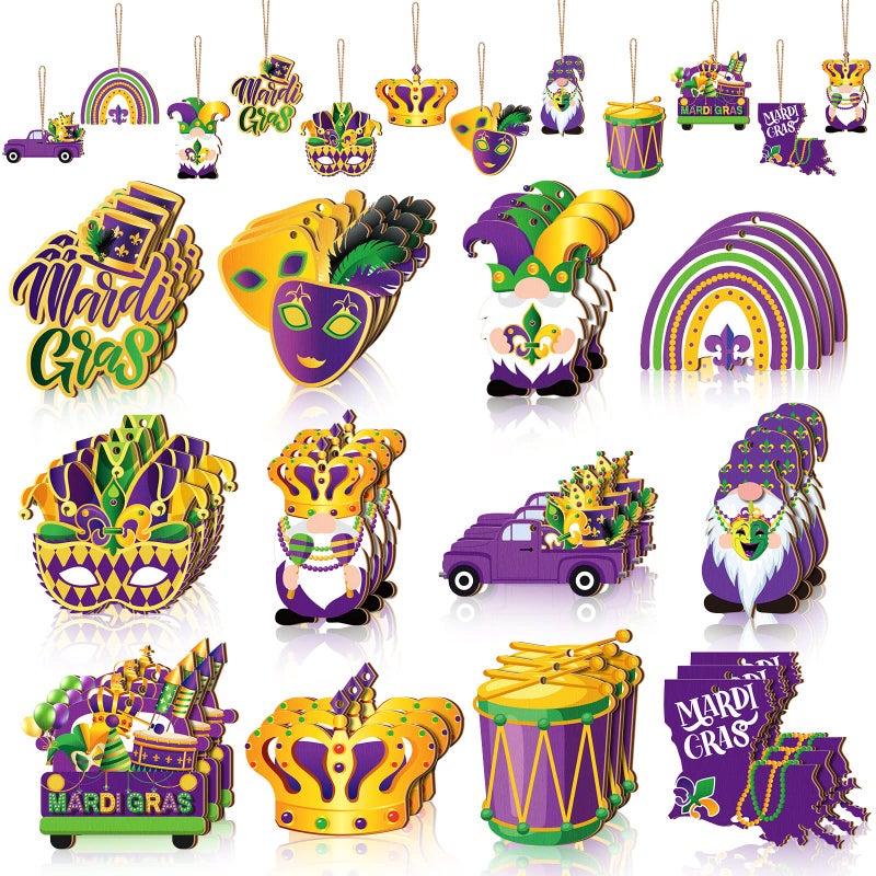 Glenmal 36 Pcs Mardi Gras Wooden Hanging Ornaments Purple Green Yellow Wooden Crown Mask Ornaments Rustic Hanging Gnome Ornaments for Mardi Gras Decoration Farmhouse Craft Party Supplies - Image 1