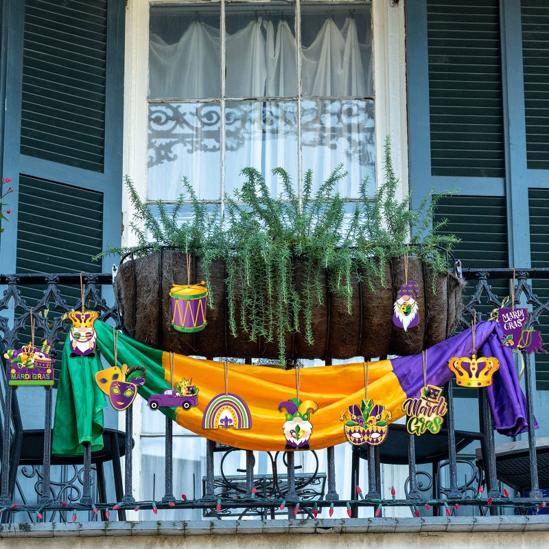Glenmal 36 Pcs Mardi Gras Wooden Hanging Ornaments Purple Green Yellow Wooden Crown Mask Ornaments Rustic Hanging Gnome Ornaments for Mardi Gras Decoration Farmhouse Craft Party Supplies - Image 4