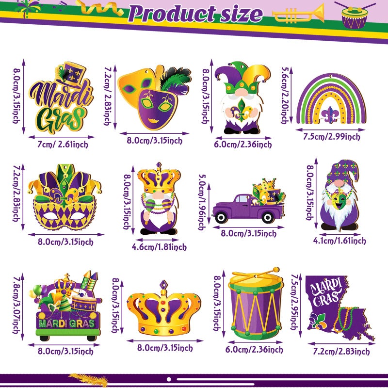 Glenmal 36 Pcs Mardi Gras Wooden Hanging Ornaments Purple Green Yellow Wooden Crown Mask Ornaments Rustic Hanging Gnome Ornaments for Mardi Gras Decoration Farmhouse Craft Party Supplies - Image 2