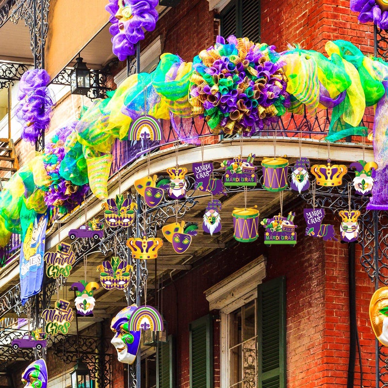 Glenmal 36 Pcs Mardi Gras Wooden Hanging Ornaments Purple Green Yellow Wooden Crown Mask Ornaments Rustic Hanging Gnome Ornaments for Mardi Gras Decoration Farmhouse Craft Party Supplies - Image 5