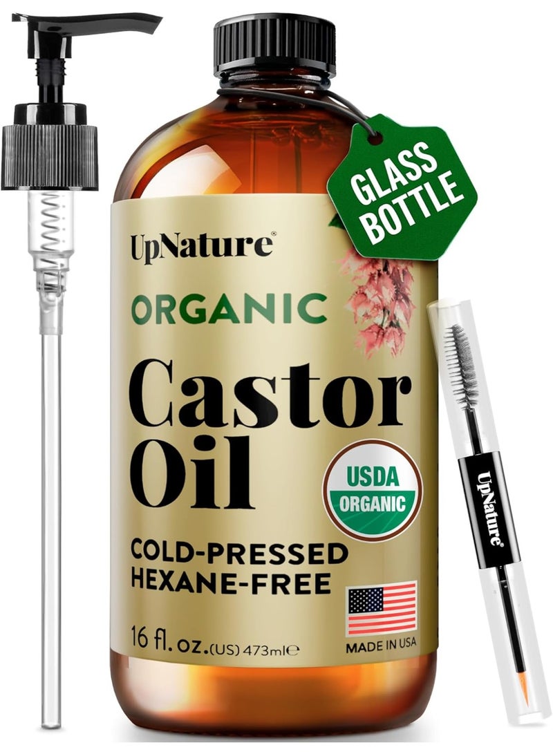 UpNature Organic Castor Oil in Glass Bottle (16 oz) 100% Pure Cold Pressed Unrefined Castor Oil for Hair Skin Face (Hexane Free) - Image 1