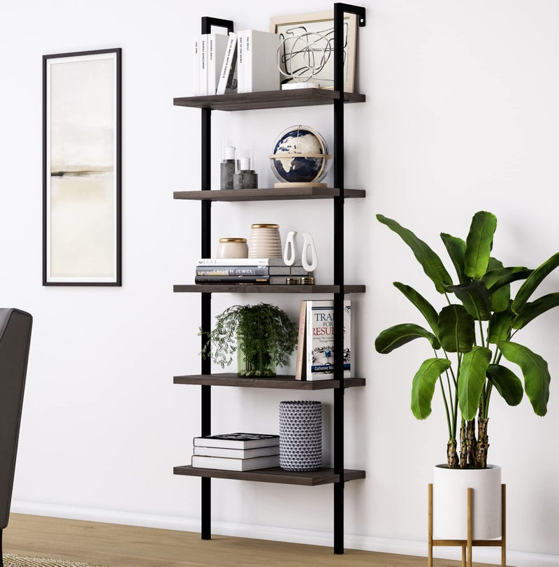 Nathan James Theo 5Shelf Wood Modern Bookcase Open Wall Mount Ladder Bookshelf with Industrial Metal Frame Dark Brown NutmegBlack