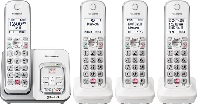 Panasonic Cordless Phone with Answering Machine Link2Cell Bluetooth Voice Assistant and Advanced Call Blocking Expandable System with 4 Handsets  KXTGD864W White - Image 1