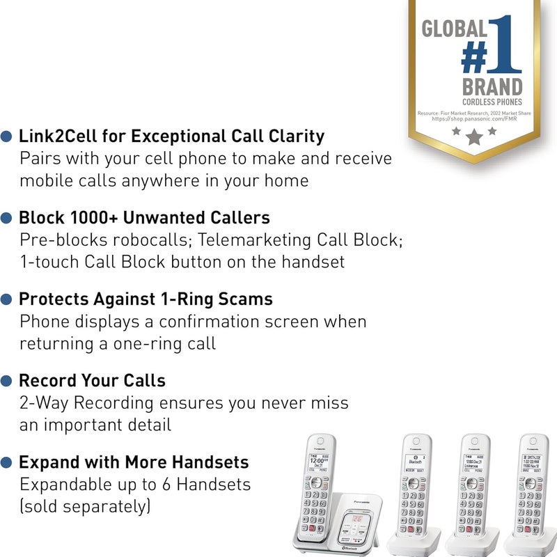 Panasonic Cordless Phone with Answering Machine Link2Cell Bluetooth Voice Assistant and Advanced Call Blocking Expandable System with 4 Handsets  KXTGD864W White - Image 2