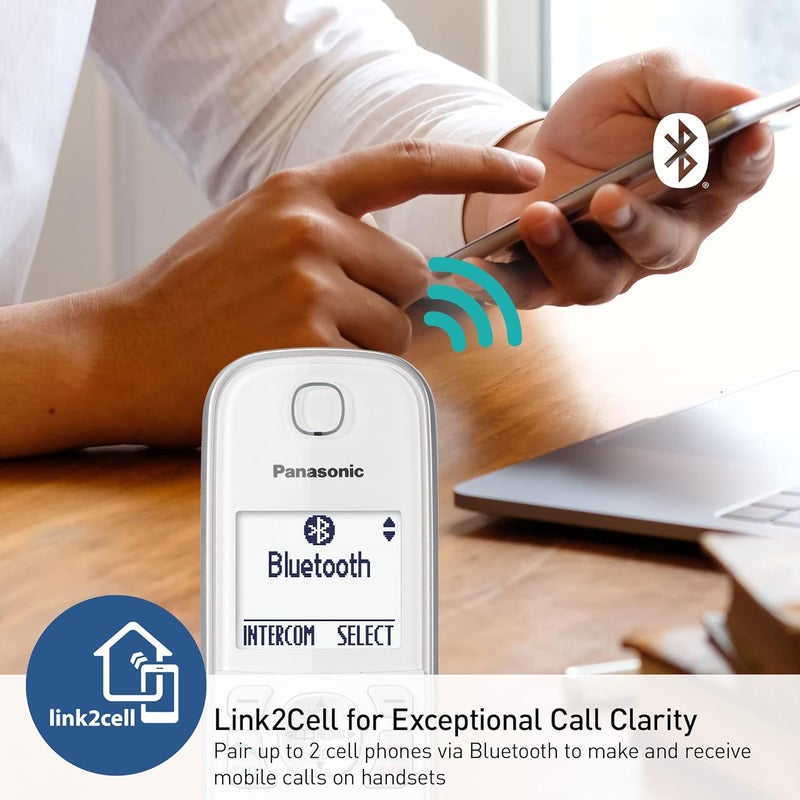 Panasonic Cordless Phone with Answering Machine Link2Cell Bluetooth Voice Assistant and Advanced Call Blocking Expandable System with 4 Handsets  KXTGD864W White - Image 3