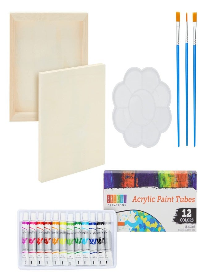 Bright Creations 18-Piece 8x8-Inch Wooden Canvas Painting Set, 2 Natural Wood Panel Paint Boards with 12 Acrylic Paint Tubes, 3 Brushes, and 1 Plastic Palette for Crafting and Art Supplies - Image 1