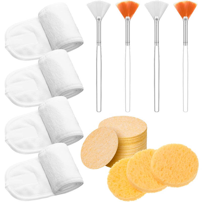 Skyley Esthetician Supplies 4 Pack Facial Headbands Esthetician Makeup Head Wrap 30 Pieces Compressed Facial Sponges, 4 Pieces Face Mask Fan Brushes(Yellow, White, Orange) - Image 1