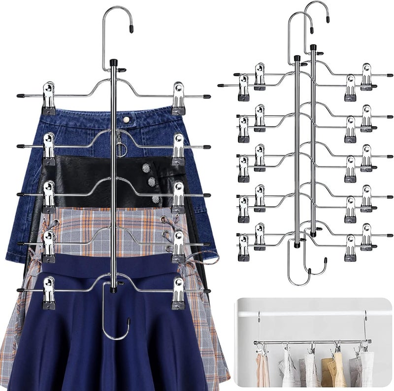 Angju 2 Pack Skirt Pants Hangers Space Saving 5 Tier Metal Skirt Hanger with Adjustable Clips Pants Trouser Hangers Closet Organizer for Jeans, Slacks, Shorts - Image 1