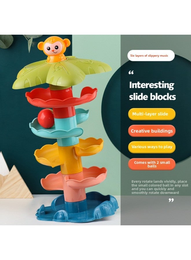 Children's Building Blocks Track Turning Music Rolling Ball 1-3 Years Old Baby Gliding Tower Sliding Music Educational Assembly Toy-Color:Large Slide Spinner [6 Layers] Color Box  - Image 1