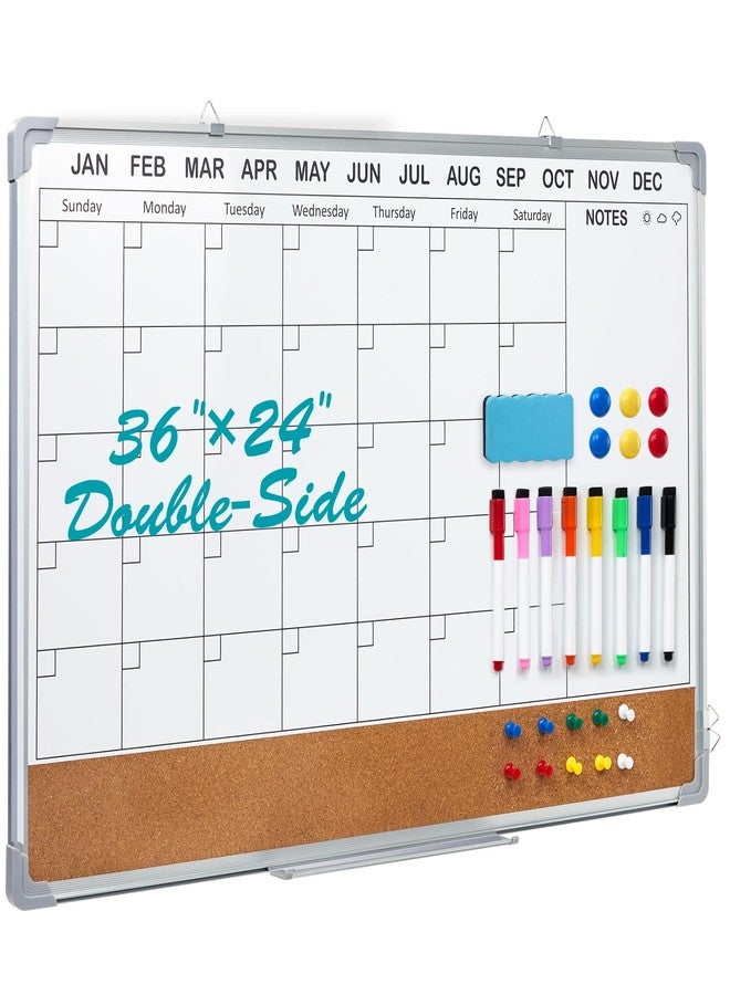 Lightwish Calendar Whiteboard for Wall,36" x 24" White Board Calendar Dry Erase with Silver Aluminum Frame,Double Side Wall Hanging Board for Office,Home,Kitchen - Image 1