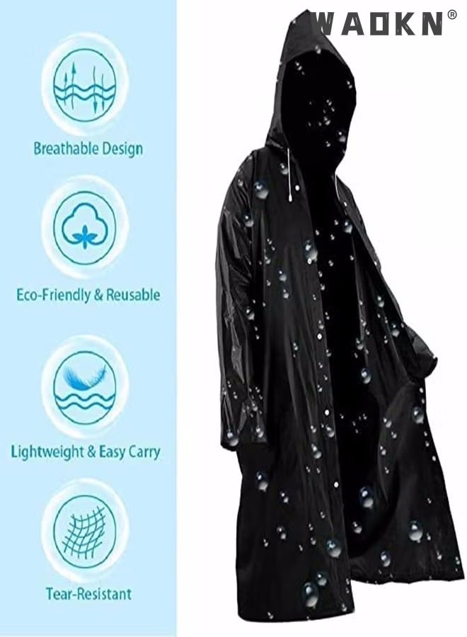 WAOKN Rain Coats for Adults Reusable, 1Pcs Thickened Transparent Light Raincoat with Hood and Elastic Cuff Sleeves, EVA Rain Ponchos Rain Jackets Raincoats for Men Women, for Family Fishing Travel (Black)  - Image 5