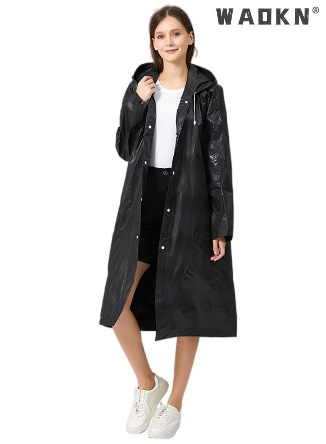 WAOKN Rain Coats for Adults Reusable, 1Pcs Thickened Transparent Light Raincoat with Hood and Elastic Cuff Sleeves, EVA Rain Ponchos Rain Jackets Raincoats for Men Women, for Family Fishing Travel (Black)  - Image 1