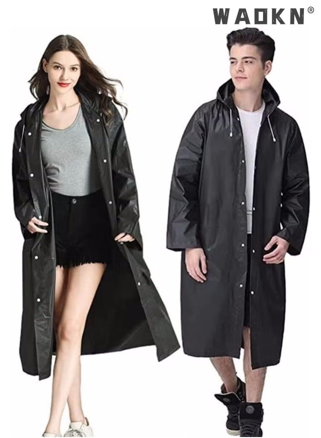 WAOKN Rain Coats for Adults Reusable, 1Pcs Thickened Transparent Light Raincoat with Hood and Elastic Cuff Sleeves, EVA Rain Ponchos Rain Jackets Raincoats for Men Women, for Family Fishing Travel (Black)  - Image 2
