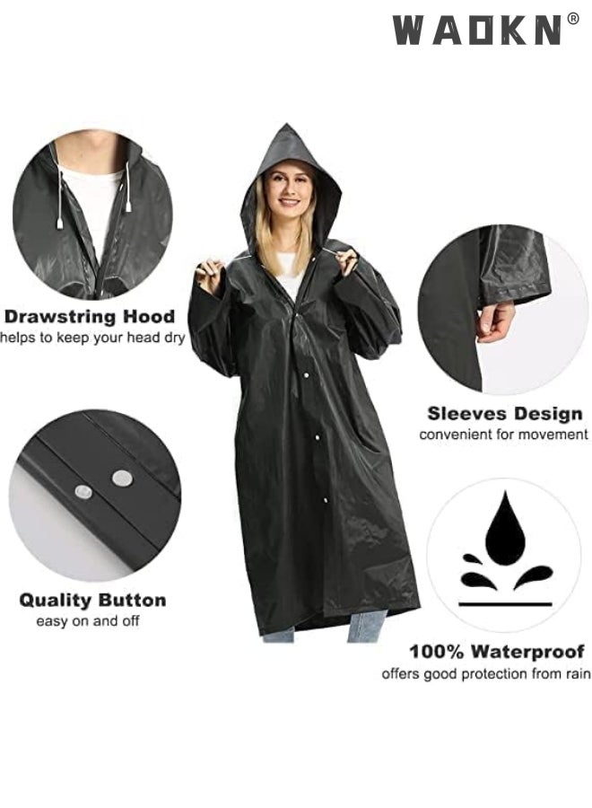 WAOKN Rain Coats for Adults Reusable, 1Pcs Thickened Transparent Light Raincoat with Hood and Elastic Cuff Sleeves, EVA Rain Ponchos Rain Jackets Raincoats for Men Women, for Family Fishing Travel (Black)  - Image 3