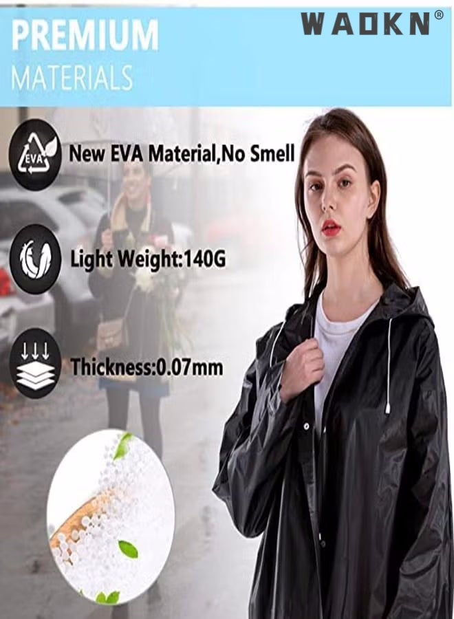 WAOKN Rain Coats for Adults Reusable, 1Pcs Thickened Transparent Light Raincoat with Hood and Elastic Cuff Sleeves, EVA Rain Ponchos Rain Jackets Raincoats for Men Women, for Family Fishing Travel (Black)  - Image 4