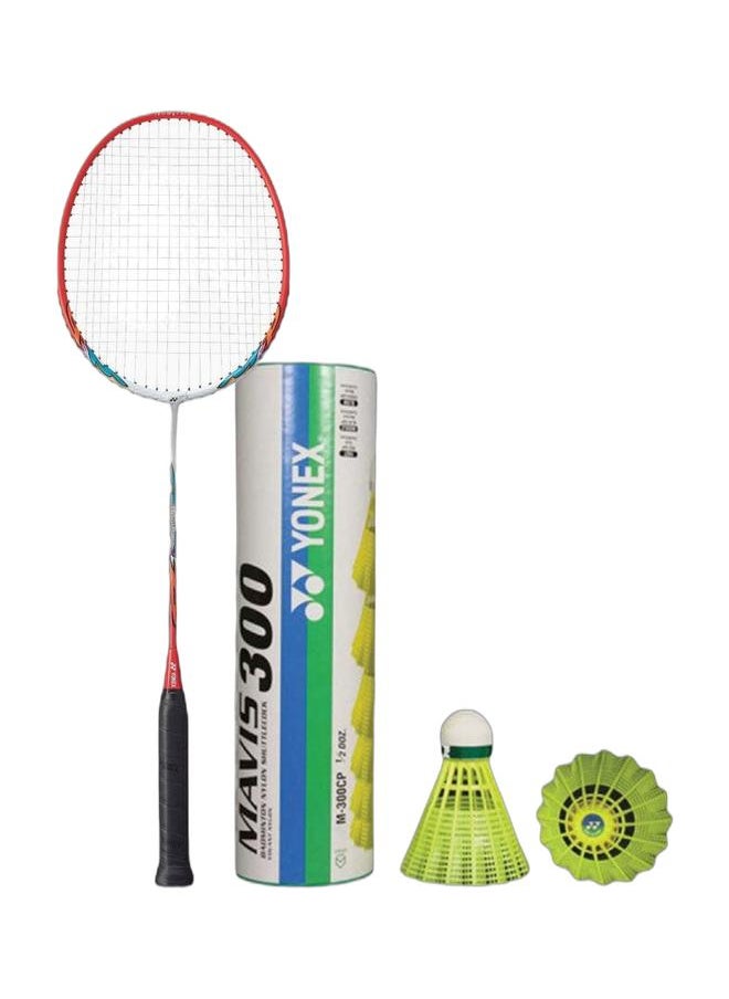 Yonex Muscle Power 2 White Red U4 + Mavis 300 Green Cap Slow Badminton Shuttlecock 6 Pack, Yellow Pack  - Image 1