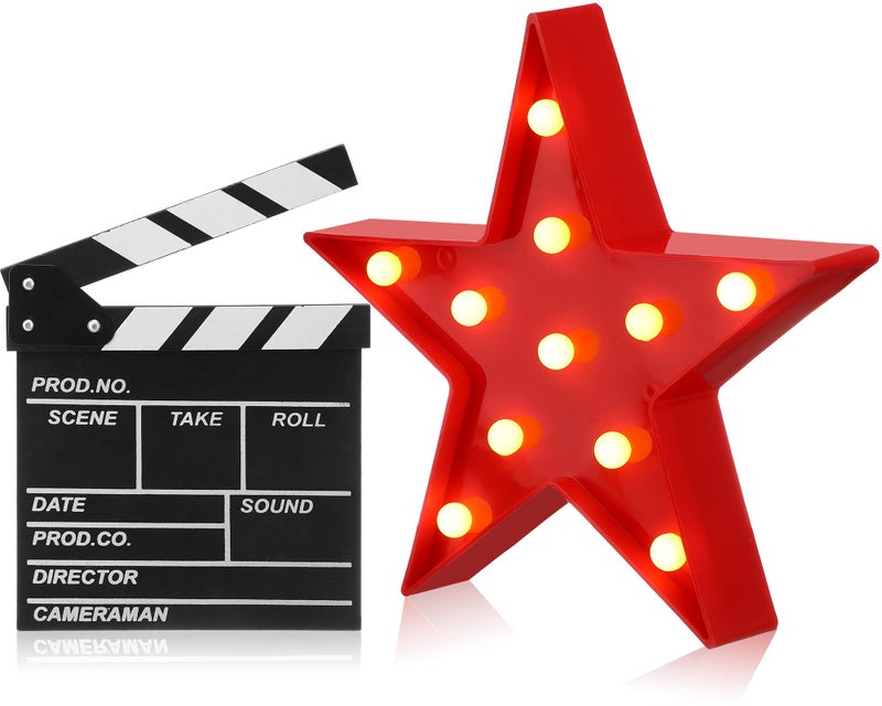 Tuanse 2 Pcs Movie Night Supplies Movie Theater Decor Film Clapper Board Accessory and Marquee Light LED Star Sign Props for Moving Night Decorations Party Supplies - Image 1