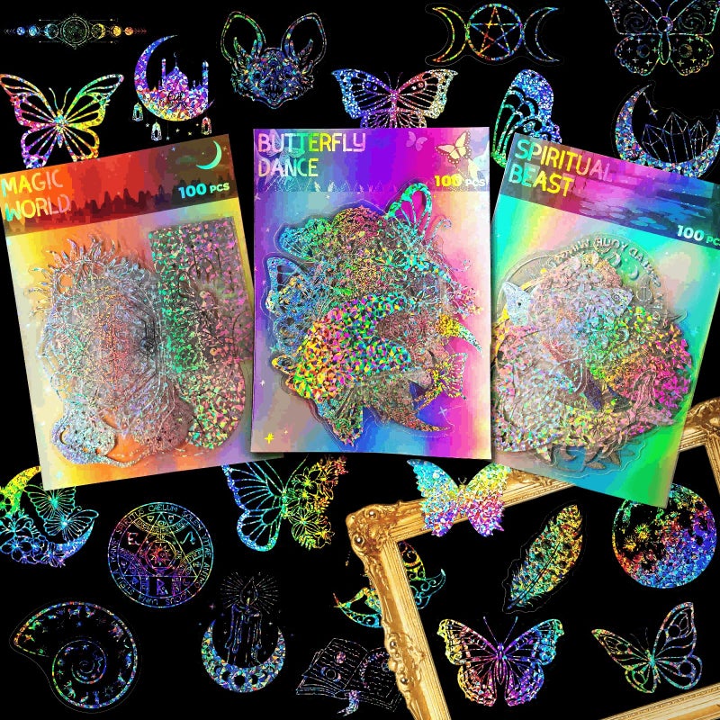 Zakrafo 300PCS Holographic Stickers Paper Laser Transparent Stickers for Scrapbook, Junk Glitter Stickers for Suitcases - Image 5