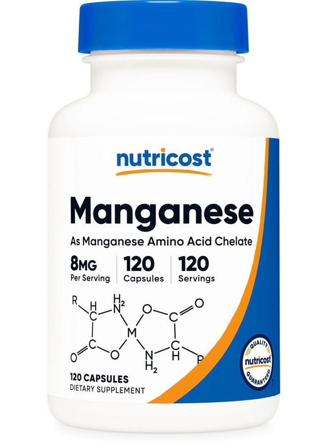 Nutricost Chelated Manganese Supplement 8mg, Amino Acid Chelate, 120 Capsules, 120 Servings - Gluten Free, Non-GMO and Vegetarian Friendly - Image 1