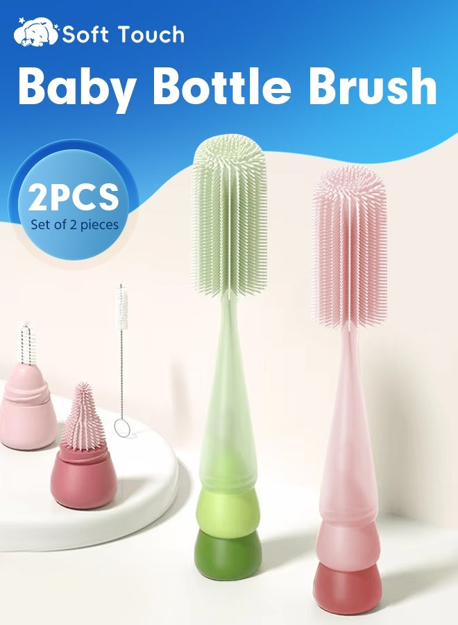 Soft Touch 2PCS Silicone Baby Bottle Brush Set, 4 In 1 Travel Baby Bottle Cleaner Set, Food-Grade Soft Silicone, 360° Deep Cleaning, Scratch-Free, Includes Nipple Brush & Straw Brush, Fits Most Bottles, Toddler Feeding Cleaning Accessories - Image 2