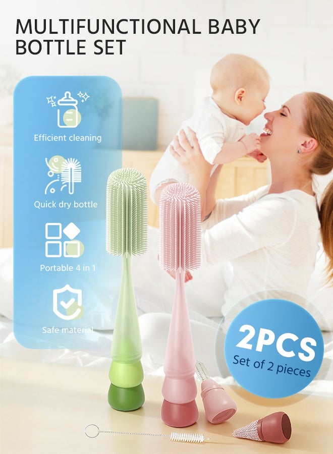 Soft Touch 2PCS Silicone Baby Bottle Brush Set, 4 In 1 Travel Baby Bottle Cleaner Set, Food-Grade Soft Silicone, 360° Deep Cleaning, Scratch-Free, Includes Nipple Brush & Straw Brush, Fits Most Bottles, Toddler Feeding Cleaning Accessories - Image 3