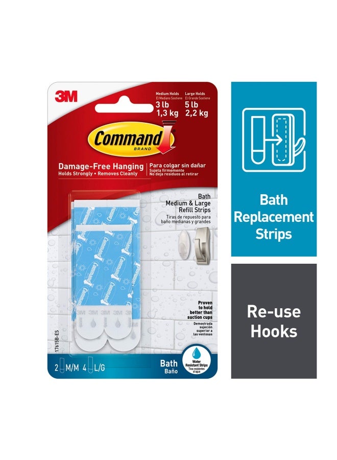 Command Bath Water Resistant Adhesive Refill Strips Re Hang Medium And Large Bath Hooks Or Caddies 2 Medium 4 Large - Image 1