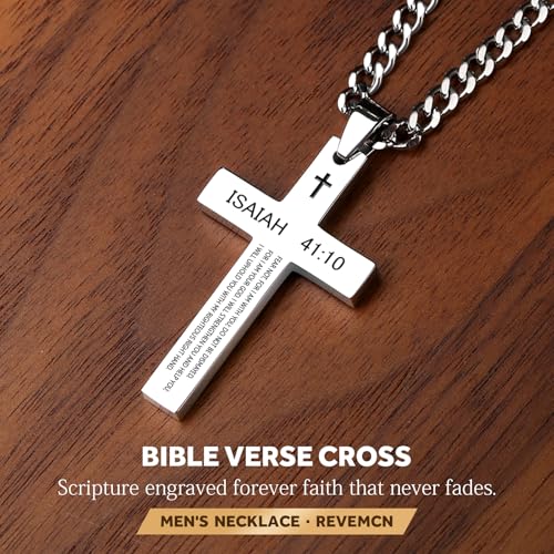 REVEMCN Inspirational Bible Verse Cross Necklace for Men Boys, Stainless Steel Plain Black Silver Cross Pendant Necklace for Men 20-24 Inches Curb Chain Faith Jewelry Gift (Isaiah 41:10 - Silver, 20) - Image 3